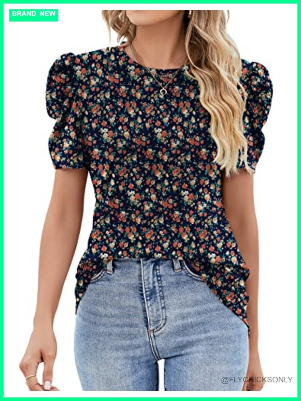 Puff Sleeve Eyelet Blouse Women Summer Crewneck Lace Top Loose Fit